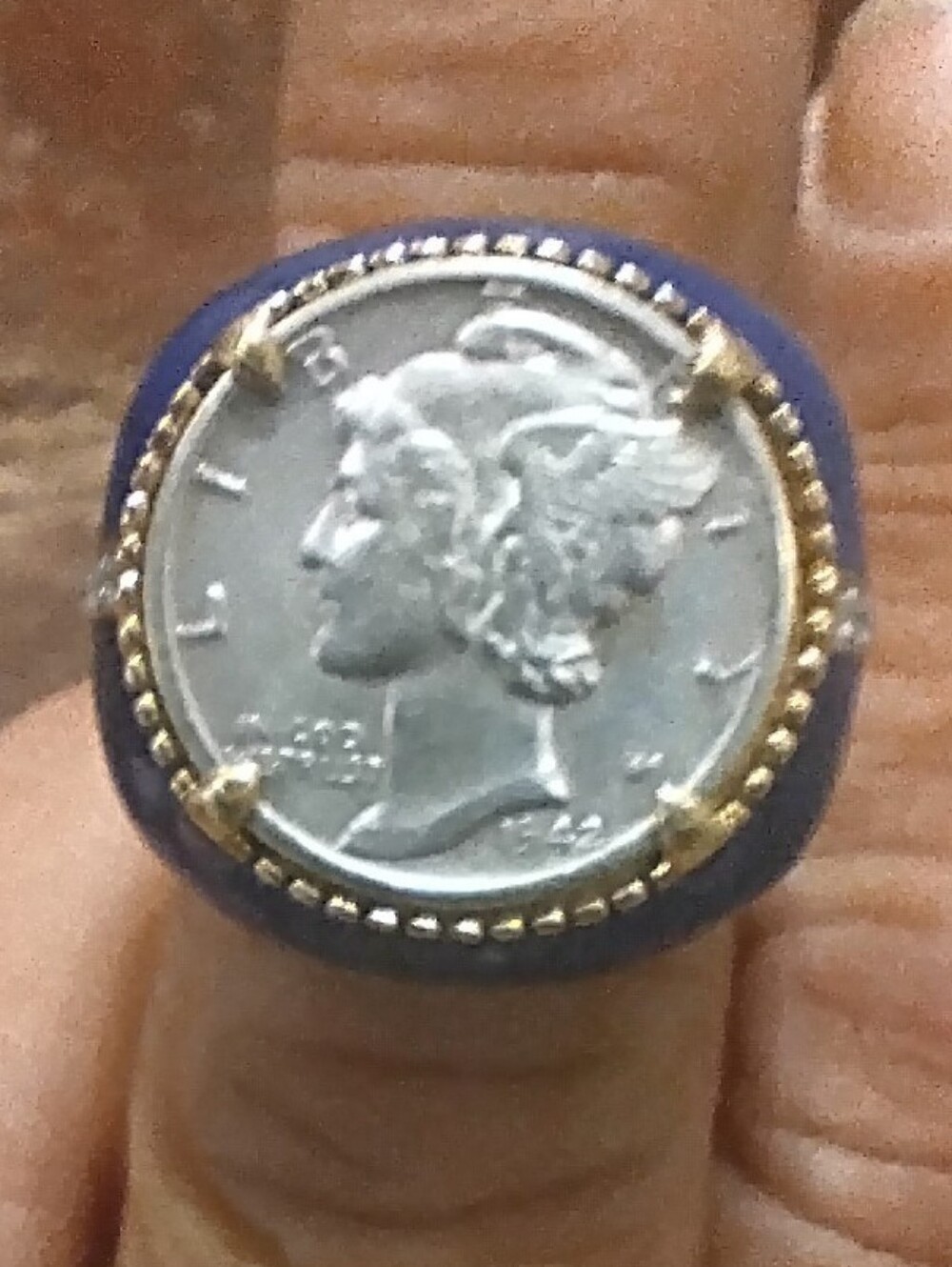 Gold-Plat Silver Mercury Dime Signet Coin Ring Blue Enamel Pave Accents Sz